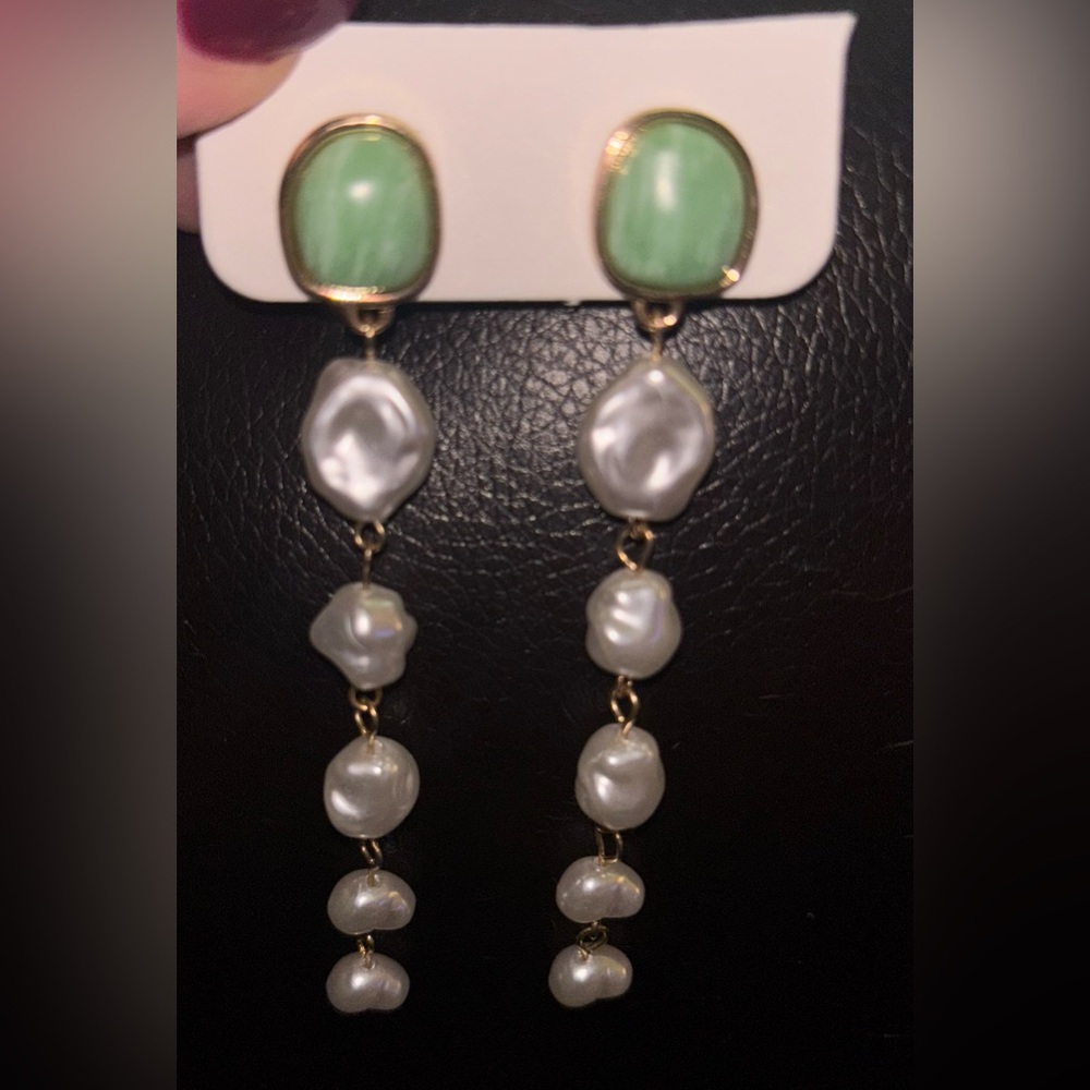 New Everri Beaded Drop Earring Green Gold White Baroque Pearls Dangle Casual